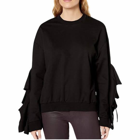 New J.O.A. Medium Ruffle Tie Sleeve Sweatshirt Black Pullover French Terry Top - Picture 3 of 6